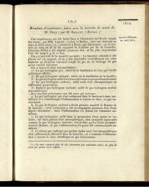 Résultats d´expériences faites avec la lanterne de sureté de M. Davy;