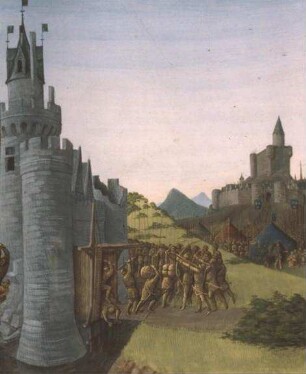 Grandes Chroniques de France — Girard, Burgherr von Casaubon, tötet Arnaud, den Bruder des Grafen von Armagnac im Zweikampf anzugreifen?, Folio 290