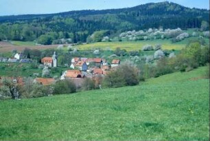 Blick auf Eichenberg und Umgebung; Streuobstwiesen