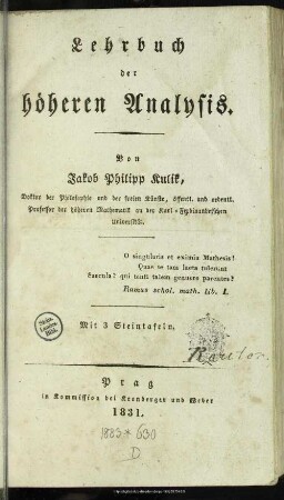 Lehrbuch der höheren Analysis : mit 3 Steintafeln