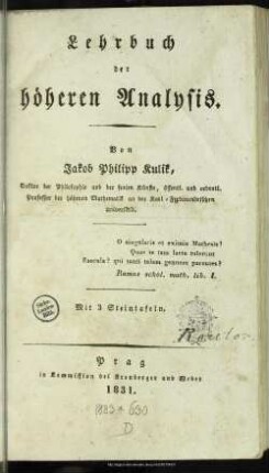 Lehrbuch der höheren Analysis : mit 3 Steintafeln
