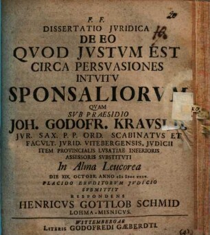 Dissertatio Jvridica De Eo Qvod Jvstvm Est Circa Persvasiones Intvitv Sponsaliorvm