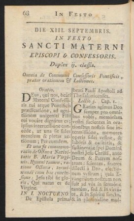 Die XIII. Septembris. In Festo Sancti Materni Episcopi & Confessoris. Duplex ij. classis