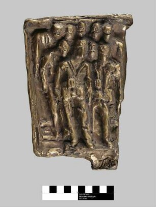 Bronzerelief, Bergleute im Förderkorb (Titel montan.dok)