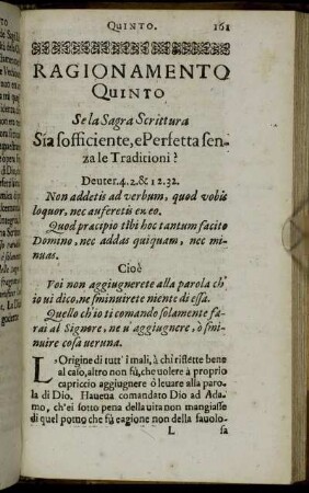 Ragionamento Quinto. Se la Sagra Scrittura Sia sofficiente, e Perfetta senza le Traditioni?