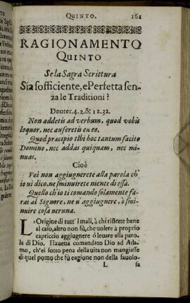 Ragionamento Quinto. Se la Sagra Scrittura Sia sofficiente, e Perfetta senza le Traditioni?