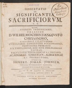 Dissertatio De Significantia Sacrificiorum. U. T.