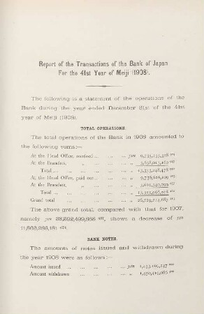 Report of the transactions of the Bank of Japan for the 41st year of Meiji (1908)