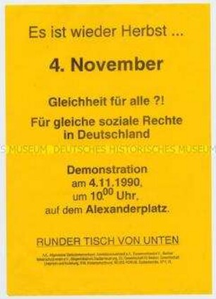 Flugblatt mit Aufruf zu einer Demonstration für gleiche soziale Rechte im vereinigten Deutschland