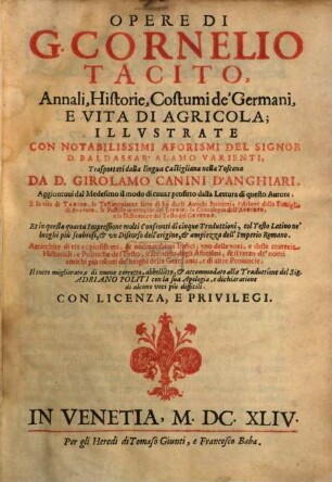 Opere Di G. Cornelio Tacito : Annali, Historie, Costumi de'Germani, E Vita Di Agricola