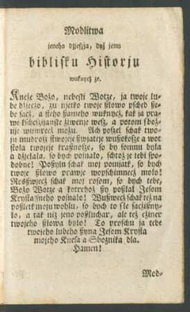 Modlitwa jeneho dzieszia, dyz jenu biblisku Historju wuknycz ze
