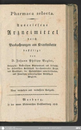 Pharmaca selecta : auserlesene Arzneimittel durch Beobachtungen am Krankenbette bestätigt