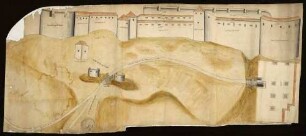 Kolorierter Aufriss der Festung Hohenneuffen (Teilstück) mit aufgeklebtem Aufriss eines Gebäudes