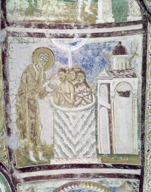 Freskenzyklus mit Szenen aus dem Leben des Heiligen Hermagoras, dem Kreuzigungstod Christi, thronender Madonna und Heiligen — Taufe des Gregorius und seiner Familie