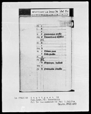 Niederdeutsches Stundenbuch (Lüning-Bergheim-Gebetbuch) — Kalenderseite, Mai 2. Hälfte, Folio 5verso
