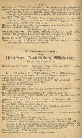 Adressennachweis von Lichtenberg, Friedrichsberg, Wilhelmsberg. Kreis Niederbarnim