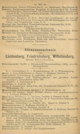 Adressennachweis von Lichtenberg, Friedrichsberg, Wilhelmsberg. Kreis Niederbarnim