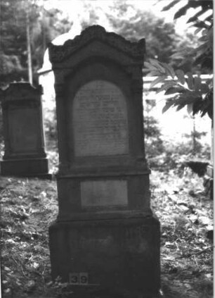 Grabstein 39 (Index: 99898759) Material: Sandstein Zustand: gut erhalten Maße HxBxT: 164x52x22 cm Beschreibung: aufgesockelte Stele mit Giebelabschluss und Verdachung, umlaufende Blatt- und Blütenornamente Symbolik: Blätter und Blüten: Grabstein 39