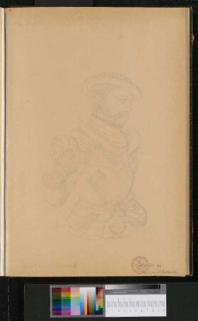 Büste von Herzog Ulrich von Württemberg (1487-1550) am Gewölbeansatz des westlichen (?) Arkadenumgangs (Dreiviertelansicht)