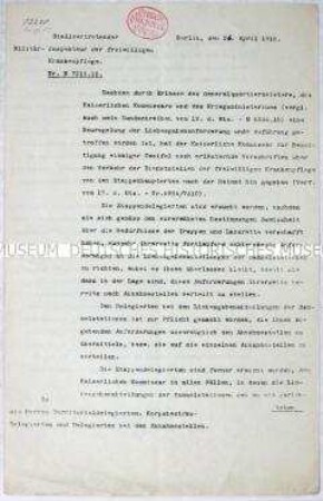 Hektografiertes maschinenschriftliches Rundschreiben der Freiwilligen Krankenpflege zur Verteilung von "Liebesgaben"