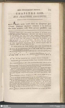 Chapitre XVIII. Des Fractions Continues