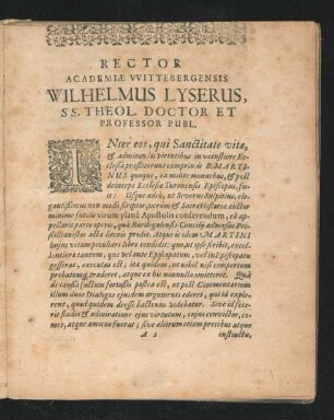 Rector Academiae Wittenbergensis Wilhelmus Lyserus ...