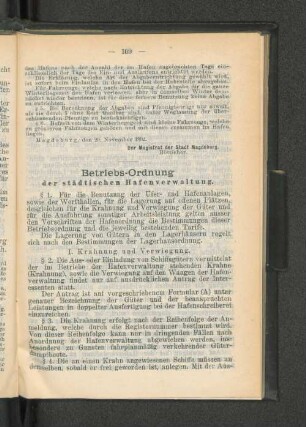 Betriebs-Ordnung der städtischen Hafenverwaltung.