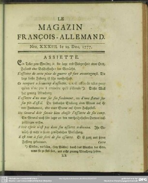 Nro. XXXIII. le XI. Dec. 1777
