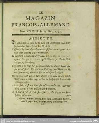 Nro. XXXIII. le XI. Dec. 1777