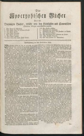 Die Apocryphischen Bücher. Vermahnung an den christilichen Leser