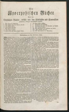 Die Apocryphischen Bücher. Vermahnung an den christilichen Leser