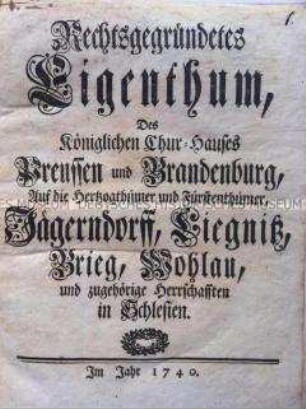 Schrift über die Besitzansprüche des Königreichs Preußen