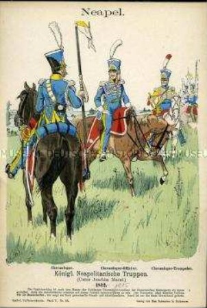 Uniformdarstellung, Gemeiner, Offizier und Trompeter des Chevauleger-Regiments, Königreich Neapel, 1815.