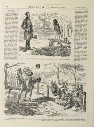 This is one of the Hyde Park keepers habing his carte de visite taken -- and these are the little children who convert the park railings into gymnastic pole, to the consternation of Vokin's horse! [Moral. Would it not be better if the Park Keeper attended to his duties a little?
