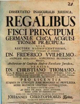 Dissertatio inauguralis iuridica de regalibus fisci principum Germaniae circa acquisitionem praecipua