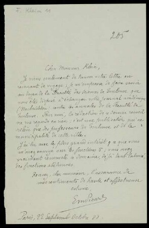 Nr. 2: Brief von Emile Picard an Felix Klein, Paris, 22.10.1888