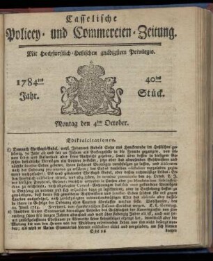40tes Stueck, Montag den 4ten October. 1784