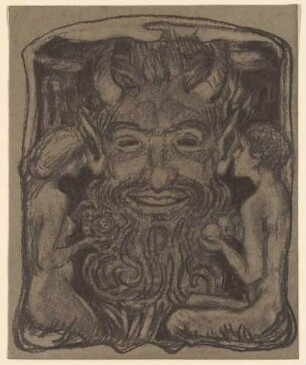 Faunskopf (von vorne, flankiert von nacktem Mädchen und Jungen) für Zeitschrift "Pan"