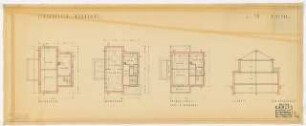 Einfamilienhaus: 1 Schnitt und 3 Grundrisse Kellergeschoss, Erdgeschoss und Obergeschoss 1:100 L. 18