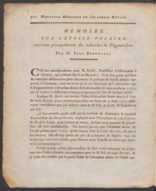 [1]: Mémoire Sur L'Étoile Polaire contenant principalement des recherches de Trigonométrie