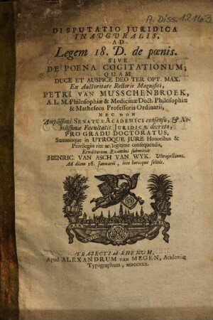 Disputatio Iuridica Inauguralis, Ad Legem 18. D. de poenis. Sive De Poena Cogitationum