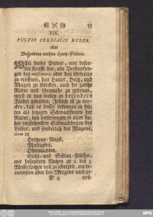 XIX. Pulvis Cordialis Ruber. oder Besonderes rothes Hertz-Pulver.
