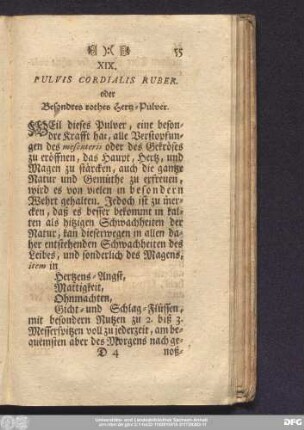 XIX. Pulvis Cordialis Ruber. oder Besonderes rothes Hertz-Pulver.