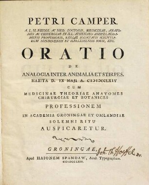 Petri Camper ... oratio de analogia inter animalia et stirpes