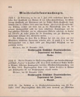 113. Ministerialbekanntmachung, betreffend die Genehmigung der unter den namen "Herbarium Haußknecht in Weimar errichteten Stiftung