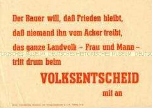 Handzettel mit Losung zum Volksentscheid über die Enteignung der Nazi- und Kriegsverbrecher