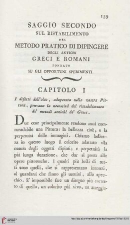 Saggio Secondo: Sul ristabilimento del metodo pratico di dipingere degli antichi Greci e Romani fondato su gli opportuni sperimenti