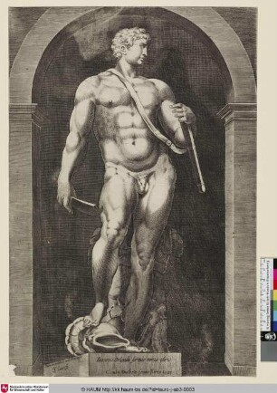 [Antike Skulptur eines Heroen, möglicherweise eines Gladiatoren, in einer Nische; Antique Sculpture of an Heroic Male Nude in a Niche, or Gladiator]