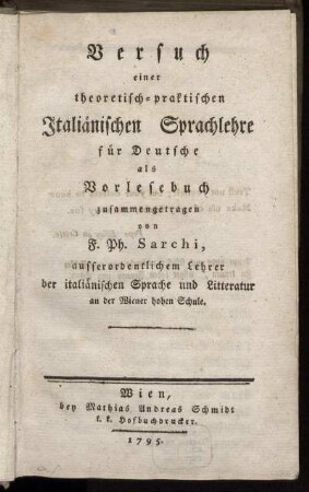 Versuch einer theoretisch-praktischen Italiänischen Sprachlehre
