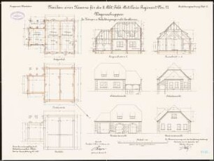 Artilleriekaserne II/27, Wiesbaden: Wagenschuppen: Grundriss Fundamente, Bankette, Erdgeschoss, Aufriss Nordostansicht, Nordwestansicht, Südostansicht, Südwestansicht, Längsschnitt, Querschnitt 1:100